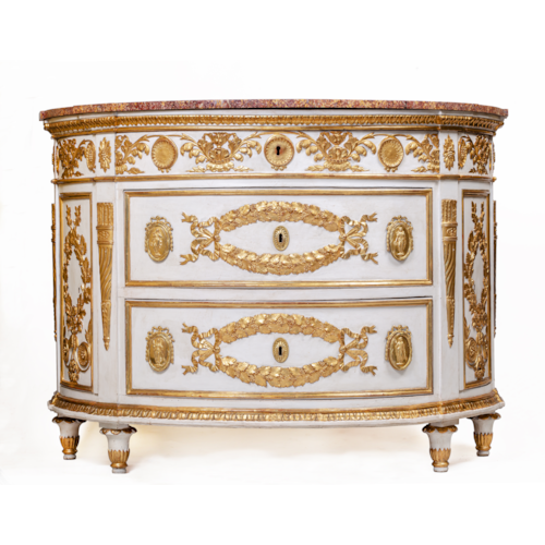 An important North-Italian Royal Restoration white-lacquered and parcel-gilt bow-fronted chest of drawers